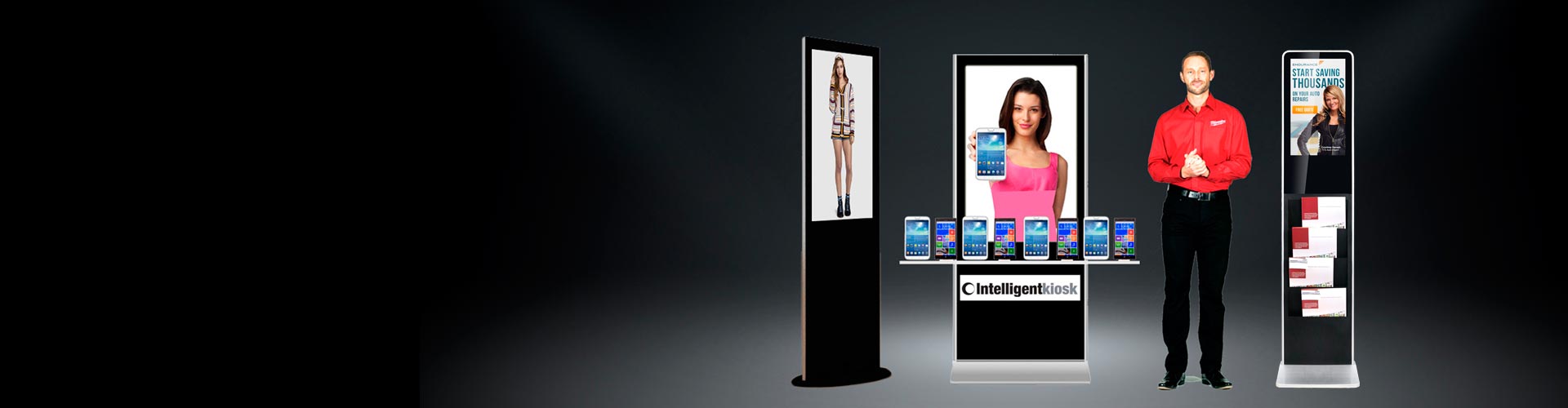 Intelligent kiosk's digital signage advertising kiosk line up 3 of our digital signage advertising kiosks with virtual mannequin presenter