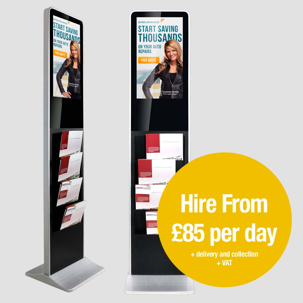 1.8 meter black brochure kiosk with LED display. Hire from £85 per day