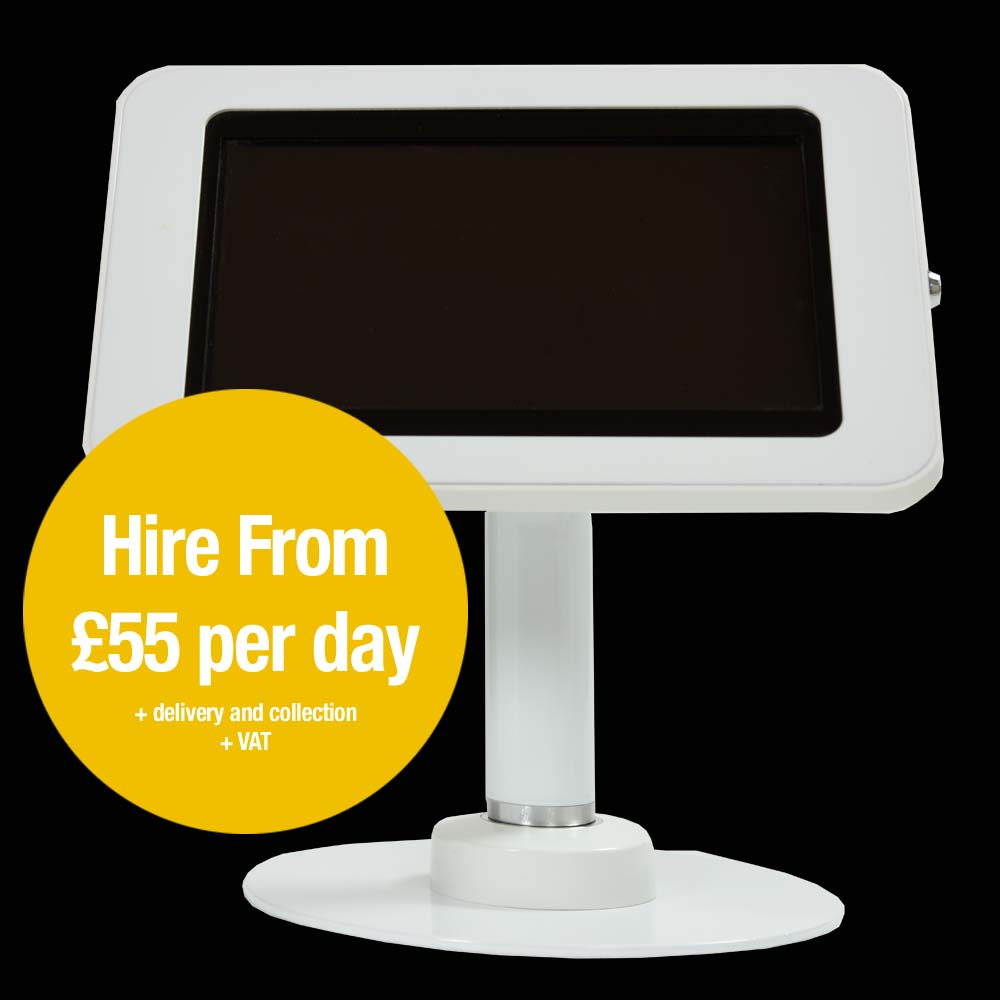 a white free standing tablet enclosure for Apple and Samsung tablets. Hire from £55 per day