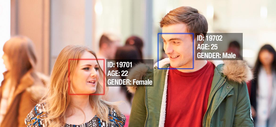 Intelligent Kiosks age and gender technology for retail digital signage male and female with software showing age and gender