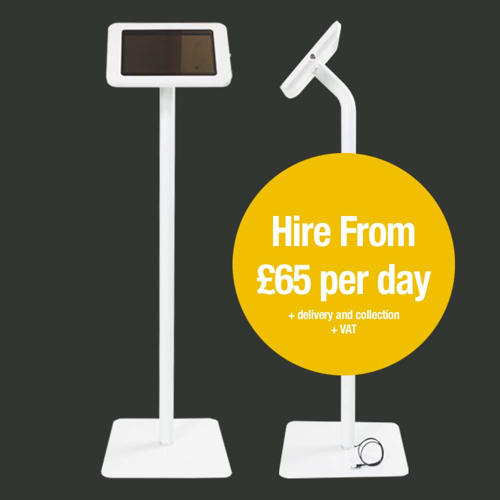  a white floor standing tablet enclosure for Apple ans Samsung tablets. Hire from £65 per day
