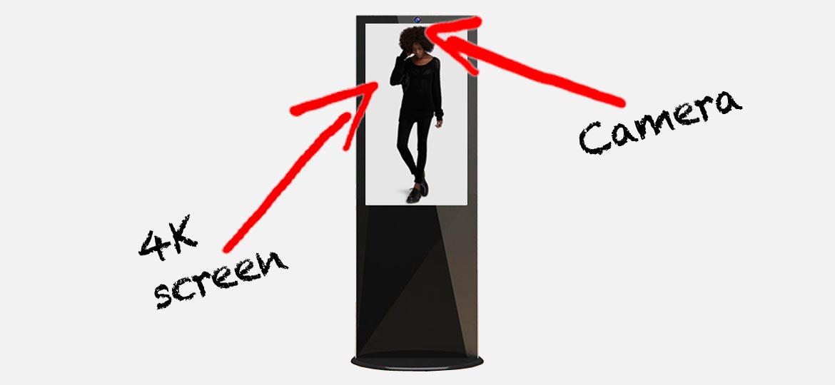 targeted by gender, our intelligent kiosk is designed for Retail, Exhibitions and Conferences. 1.8m tall black 4k digital signage which targets advertises by looking at persons gender