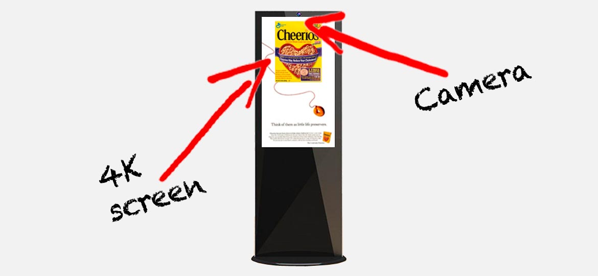 targeted by gender and age, our intelligent kiosk is designed for Retail, Exhibitions and Conferences. 1.8m tall black 4k digital signage which targets advertises by looking at persons gender and age