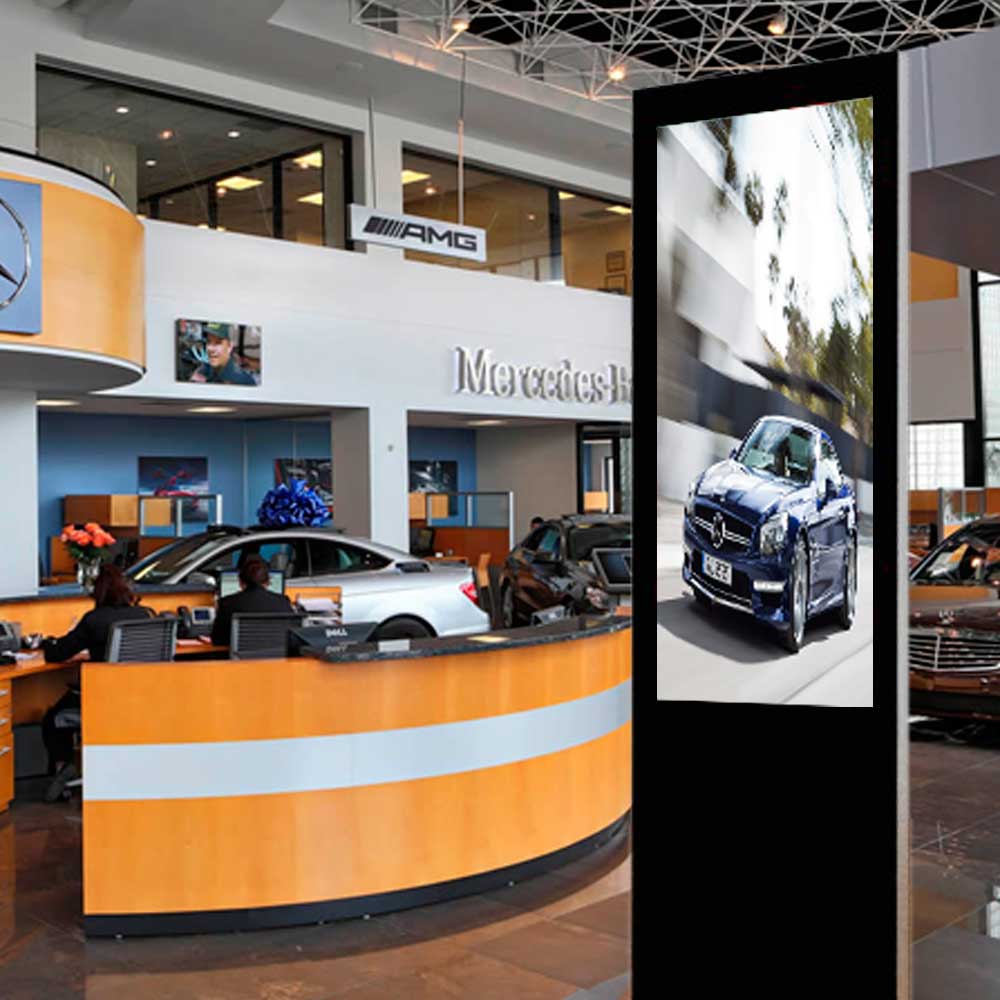 4k blade digital signage advertising kiosk on car show room floor