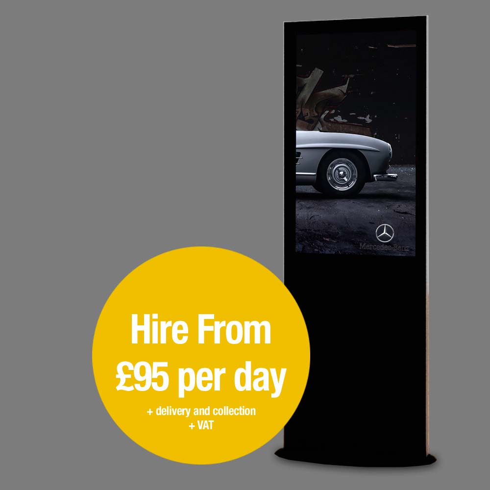 Blade 4k Black 1.8m tall digital signage advertising kiosk for hire or rent. Hire from £95 per day