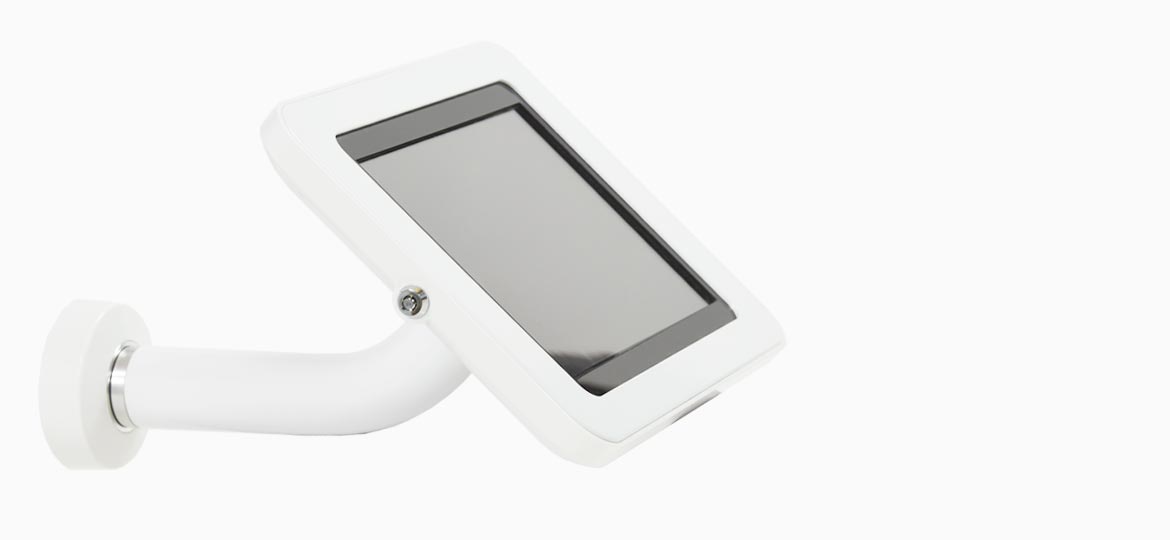 Apple and Samsung Wall Mounted Lockable Tablet Enclosures 3 Quarter View of our White Apple and Samsung Wall Mounted Lockable Tablet Enclosures